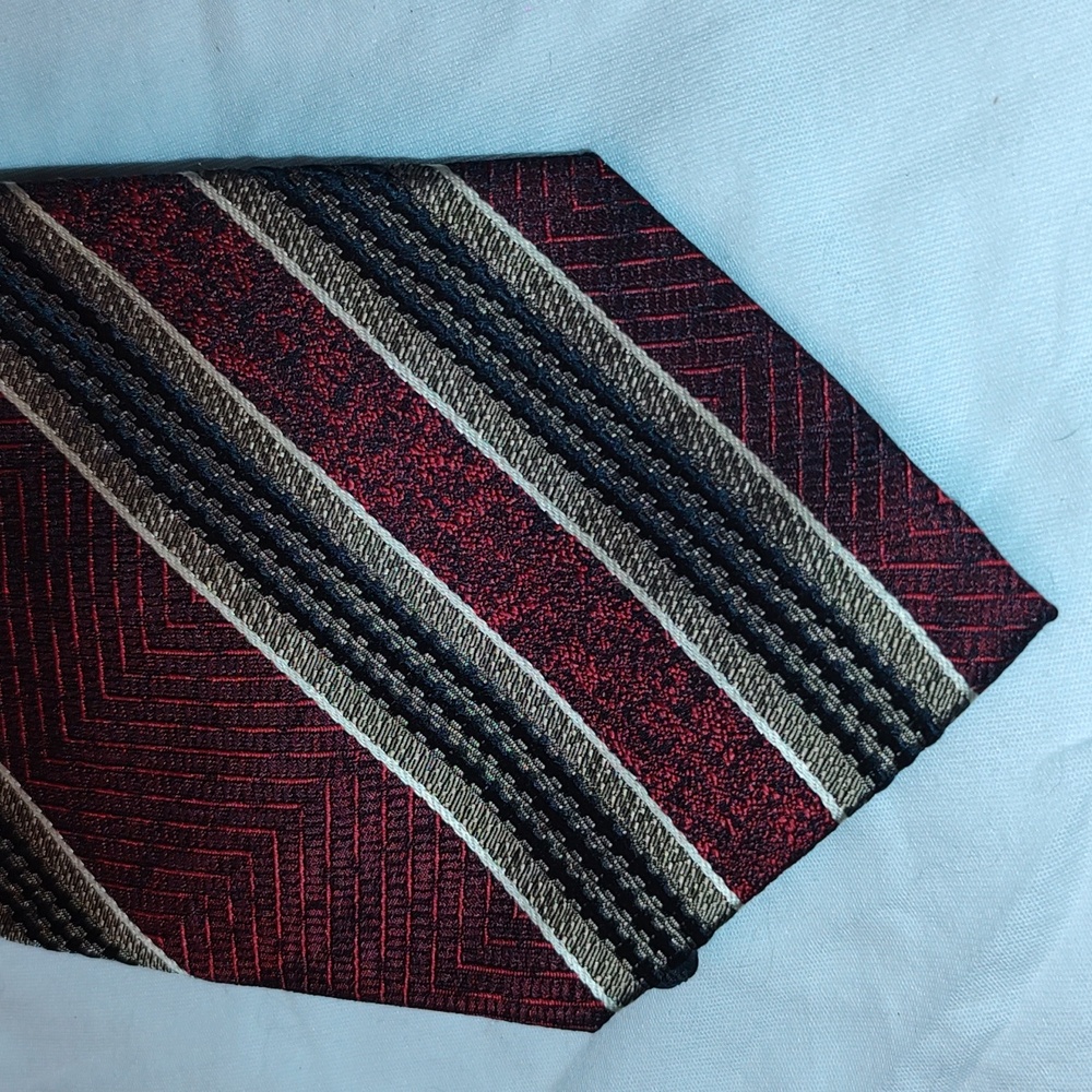 Daniel De Fasson Maroon, gold, black, and white striped Luxury Handmade Silk Tie